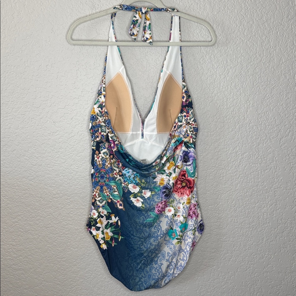 Johnny Was Blue Sady Twist-Front One Piece Swimsuit V Neck Halter 3X XL - Picture 5 of 9